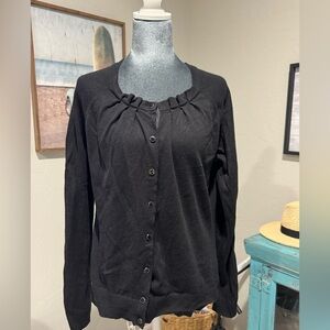 New York & Company Black Cotton Ruffled Crew Neck Front Cardigan Sz Extra Large